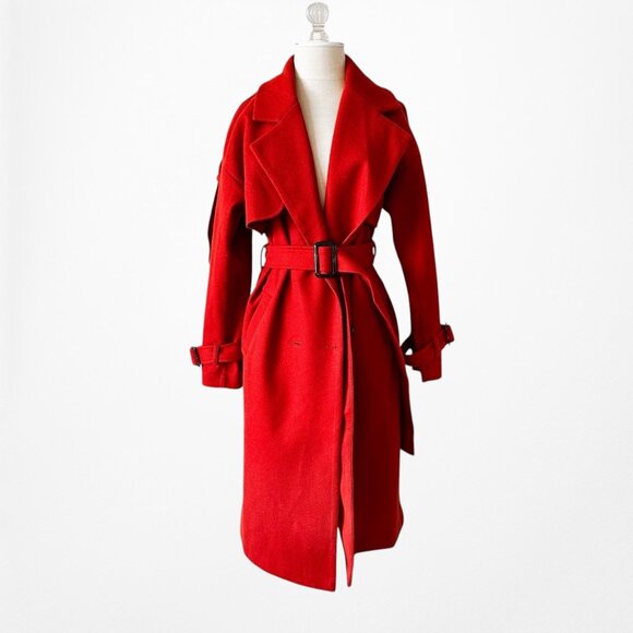 Red Oversized Belted Trench Coat Peacoat Style Long Jacket Size XS/S/M - Picture 4 of 10